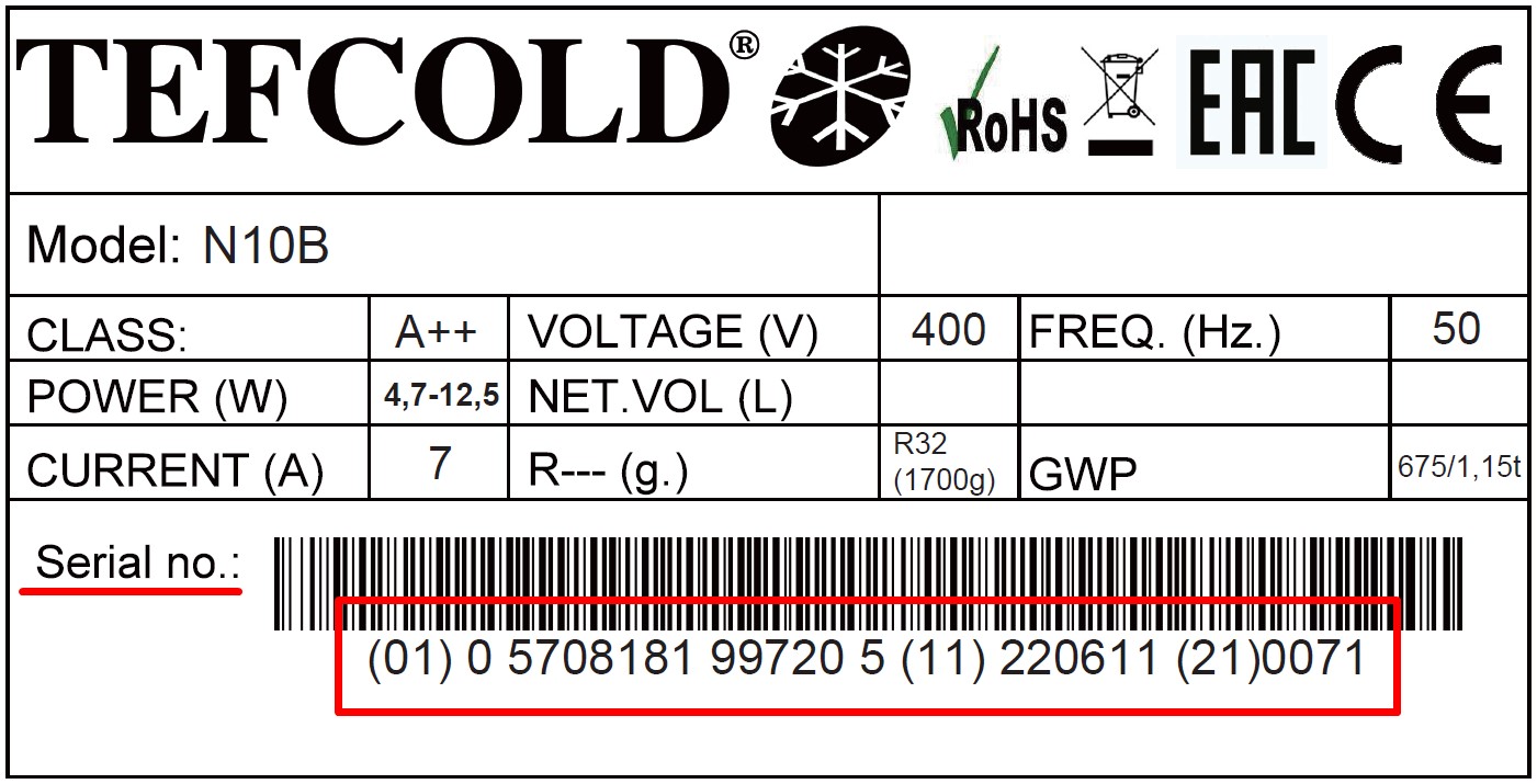 VÝROBNÍ ČÍSLO TEFCOLD (Serial no.) 